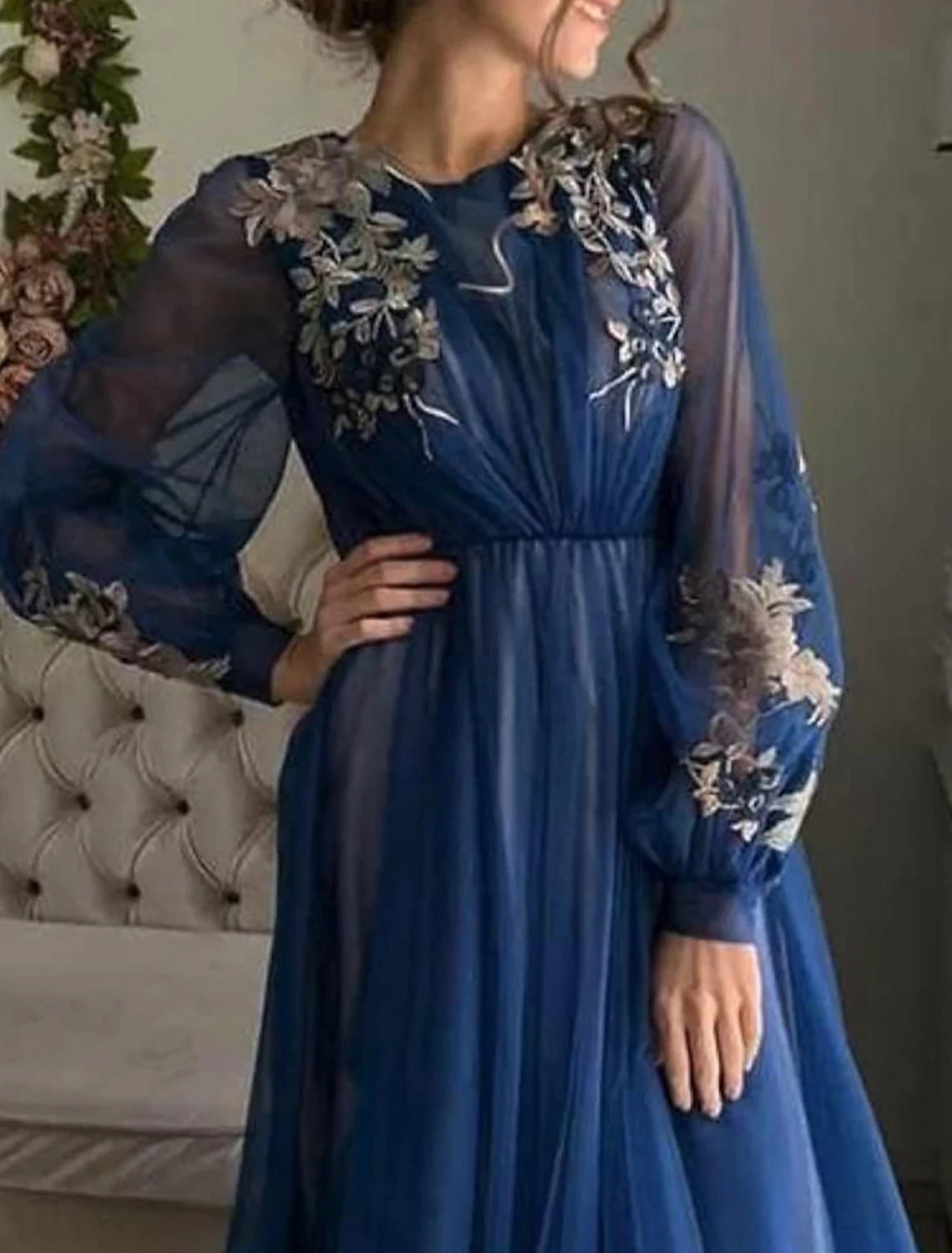 A-Line Evening Gown Floral Dress Wedding Guest Birthday Sweep / Brush Train Long Sleeve Jewel Neck Tulle with Embroidery 2025